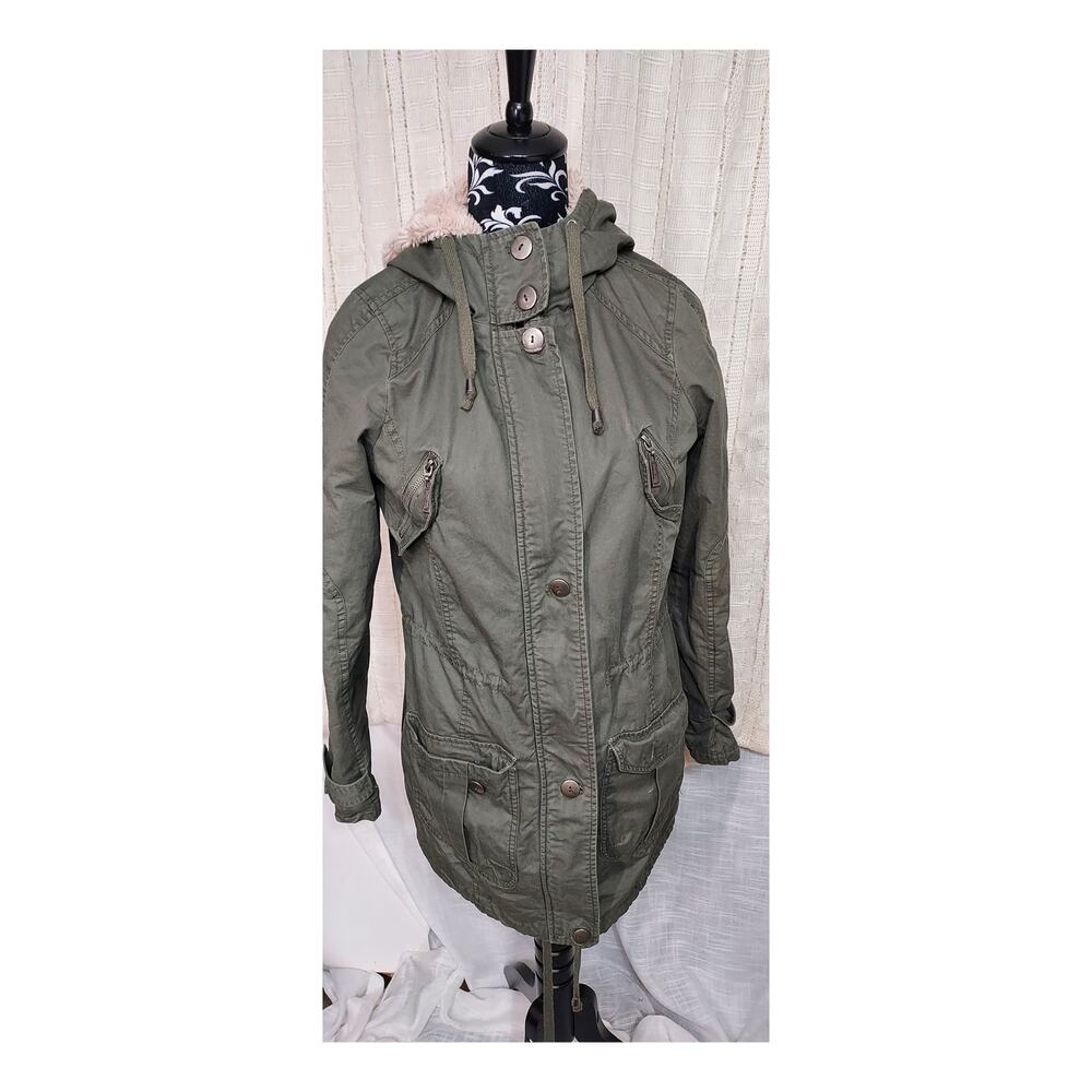Jou Jou Army Green Military Style Faux Fur Hooded Parka Zip Pockets Size Med